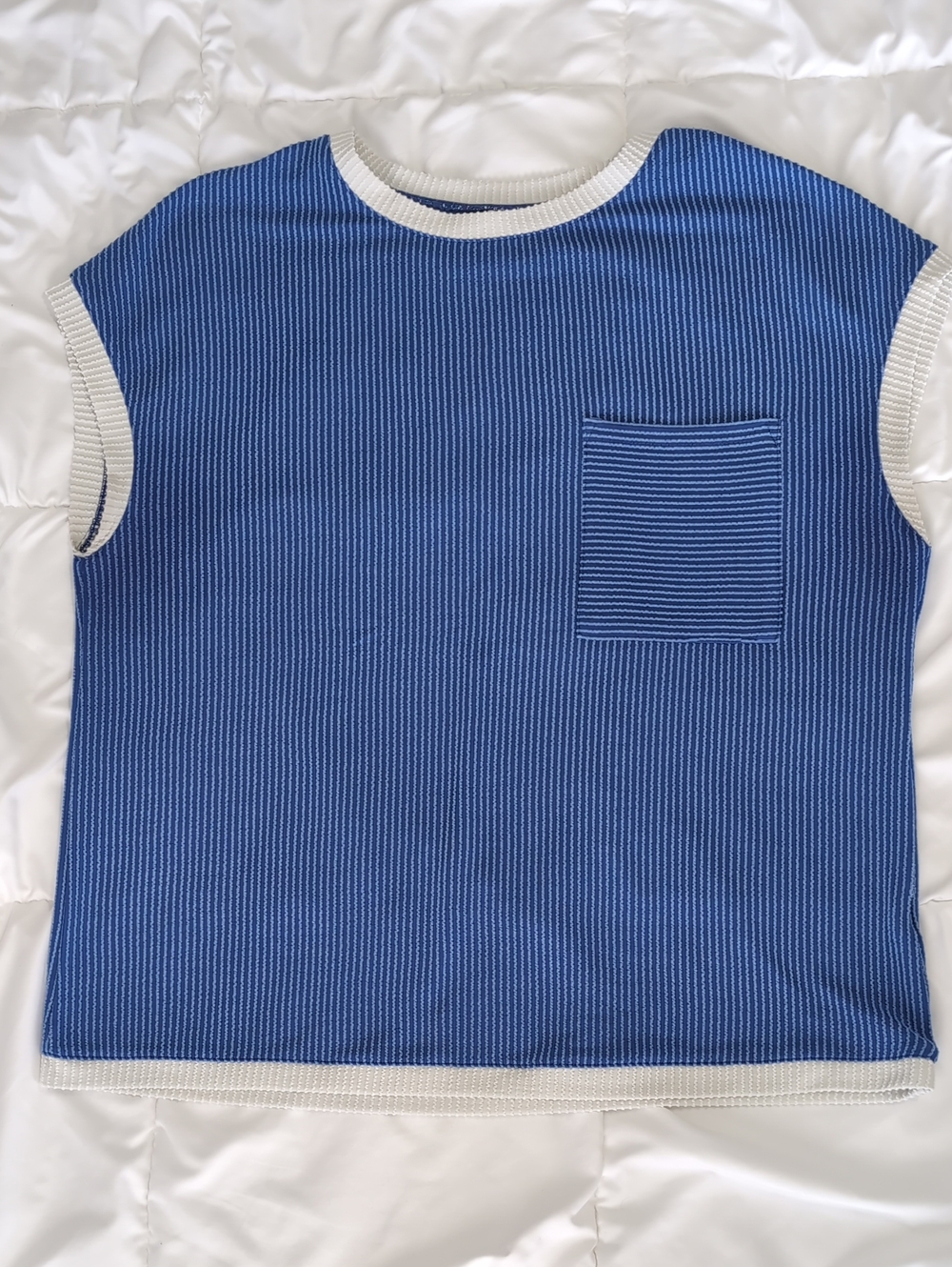 Women’s Blue Knit Tank with Cream Trim and Chest Pocket